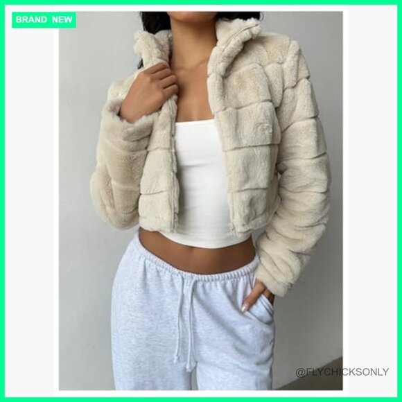 Faux Fur Cropped Jacket Long Sleeve Winter Outerwear - Picture 3 of 6